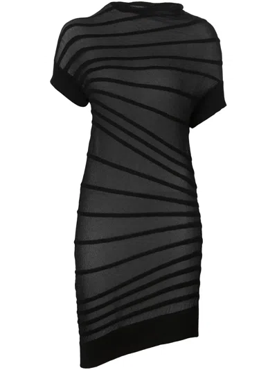 Junya Watanabe Asymmetric Sheer Striped Dress In Black