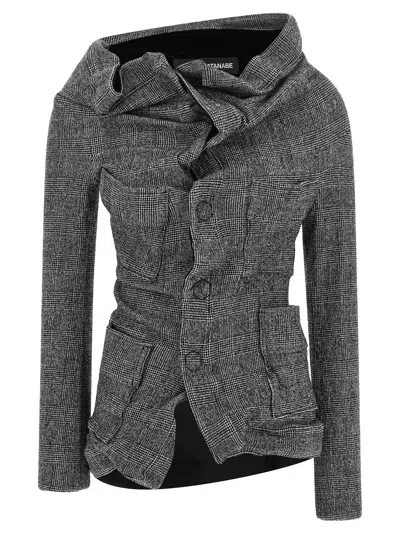 Junya Watanabe Tailored Plaid Jacket With Draped Neckline In Gray