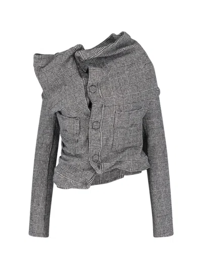 Junya Watanabe Asymmetrical Plaid Cropped Jacket In Gray