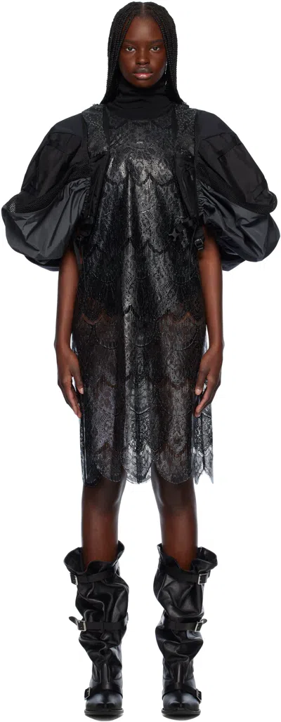 JUNYA WATANABE BLACK & GRAY POLYESTER SCALLOPED LACE X NYLON RIP-STOP MIDI DRESS