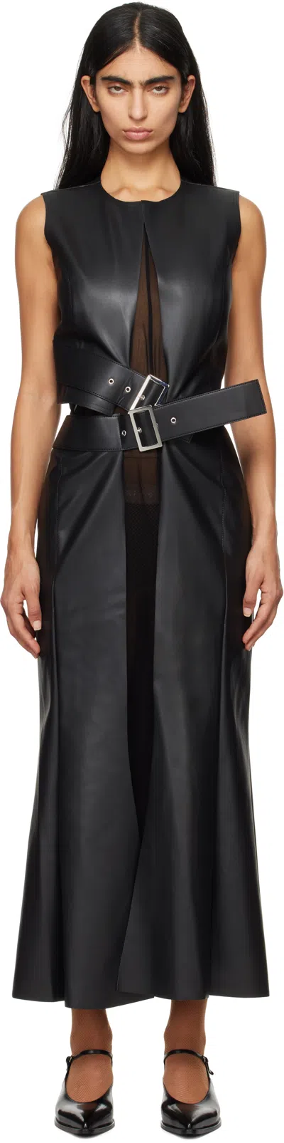 Junya Watanabe Black Faux Leather Cupra Georgette Maxi Dress In 1 Black/black