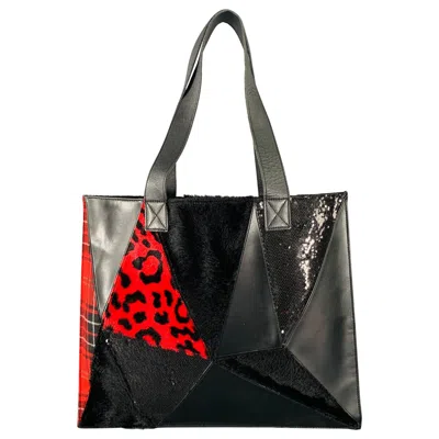 Pre-owned Junya Watanabe Black Red Mixed Materials Faux Fur Tote Handbag