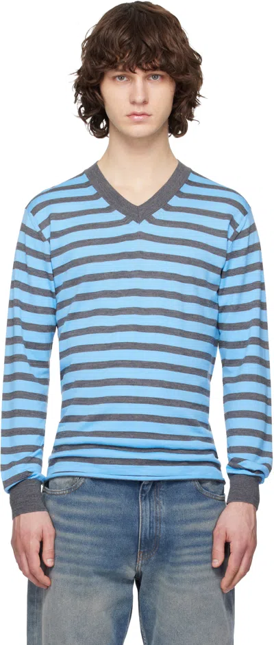 Junya Watanabe Blue & Gray Worsted Wool Jersey Stripe Sweater In Gold