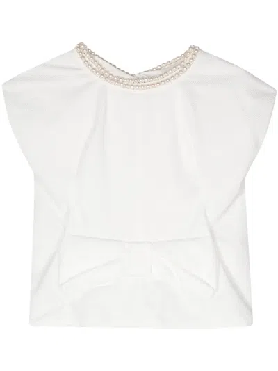 Junya Watanabe Textured Blouse With Pearl Jewel Neckline And Cape Sleeves In White