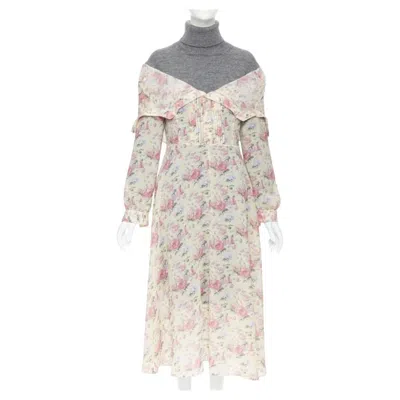 Pre-owned Junya Watanabe Cdg Aw18 Runway Grey Wool Turtleneck Yellow Floral Dress Xs