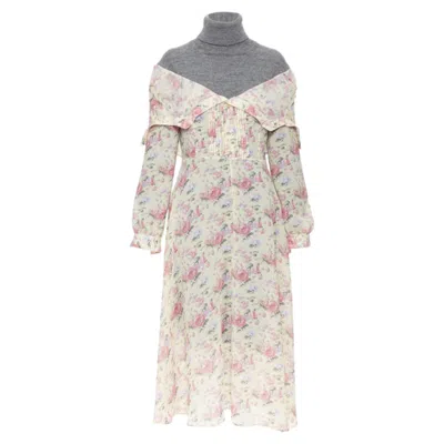 Junya Watanabe Cdg Wool Turtleneck Floral Dress In Multi