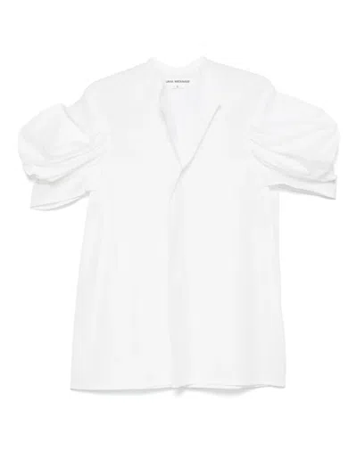 Junya Watanabe White Cotton Top With Pleated Balloon Sleeves In Multicolor