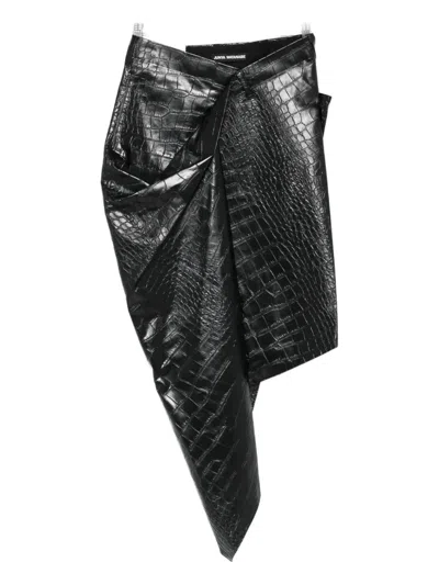 Junya Watanabe Crocodile-effect Asymmetric Skirt In Black