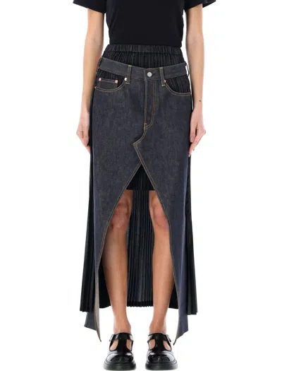 Junya Watanabe Deconstructed Pleated Denim Skirt In Indigo_+_black