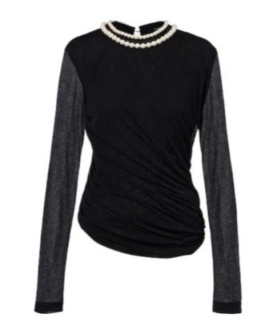 Junya Watanabe Draped Faux Pearl-embellished Cotton Top In Black
