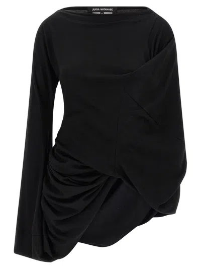 Junya Watanabe Asymmetrical Draped Wool Blouse In Black