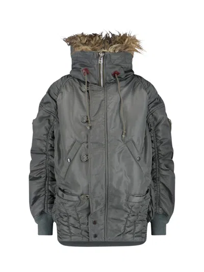Junya Watanabe Quilted Jacket With Drawstring Hood And Fur Trim In Gray