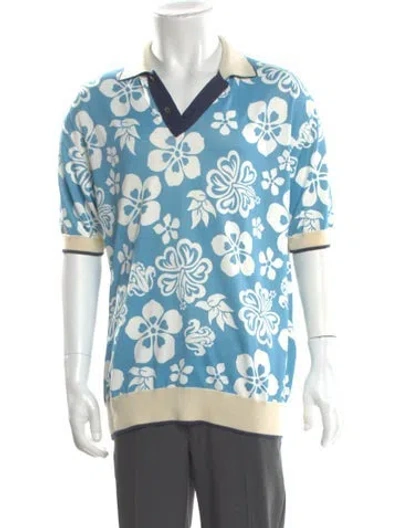 Pre-owned Junya Watanabe Floral Print Crew Neck Polo Shirt In Blue