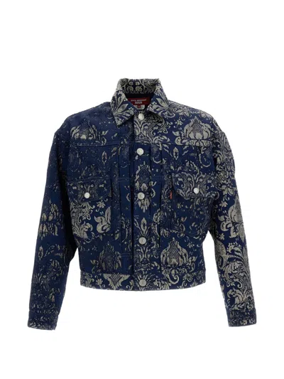 Junya Watanabe Floral Print Long Sleeve Button-up Shirt With Chest Pockets In Navy