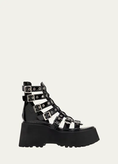 Junya Watanabe Glossy Leather Multi Buckle Platform Sandals In Black