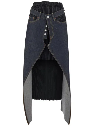 Junya Watanabe Deconstructed Pleated Denim Skirt In Blue