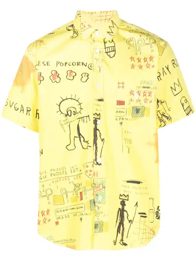 Junya Watanabe Mens Yellow Graphic-print Patch-pocket Regular-fit Cotton-poplin Shirt