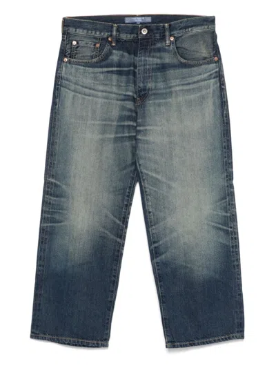 Junya Watanabe Indigo Blue Cropped Jeans With Whiskering Effect