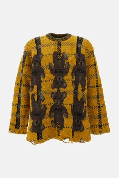 Junya Watanabe Bear-intarsia Distressed Sweater In Yellow