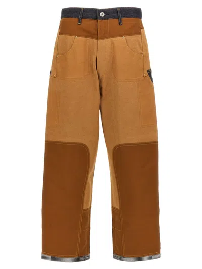 Junya Watanabe Men's Canvas & Denim Patchwork Jeans In Neutrals