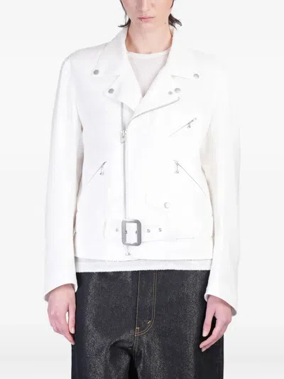 Junya Watanabe Waist Belted Sequin Embellished Lapel Jacket In White