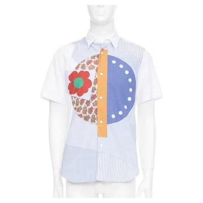 Pre-owned Junya Watanabe Man Blue Checkered Striped Patchwork Short Sleeve Button Shirt M