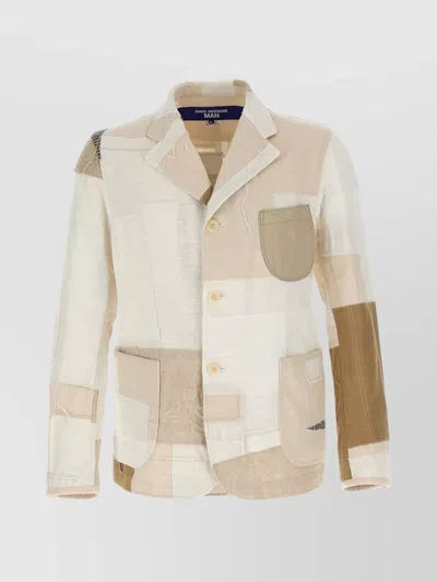 Junya Watanabe Notched Lapel Patchwork Blazer In Beige