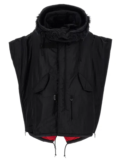 Junya Watanabe Nylon With Removable Fur Hood Down Jacket In Black