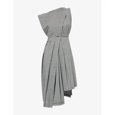 Junya Watanabe Omens Black White Pleated Asymmetric Wool-blend Midi Dress In Gray