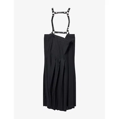 Junya Watanabe Omens Black X Black Harness Pleated Wool-blend Midi Skirt Xs