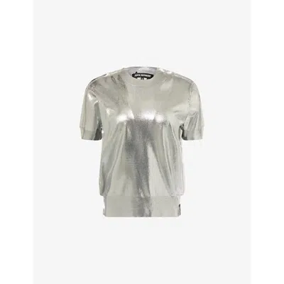 Junya Watanabe Omens Top Light Gray  X Comme Des Garçons Metallic-panel Short-sleeve Silk Jumper