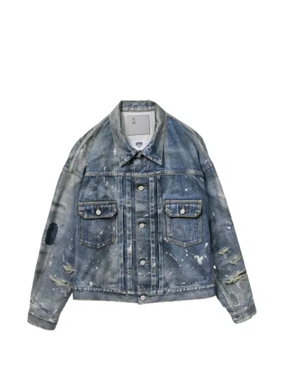 Junya Watanabe Paint-splatter Distressed Denim Jacket In Blue