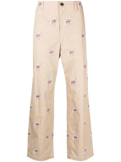 Junya Watanabe Cotton Trousers Featuring Cartoon Print In Beige