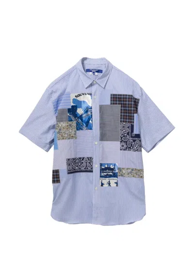Junya Watanabe Striped Short Sleeve Shirt With Mix Fabric Patchwork In Multi