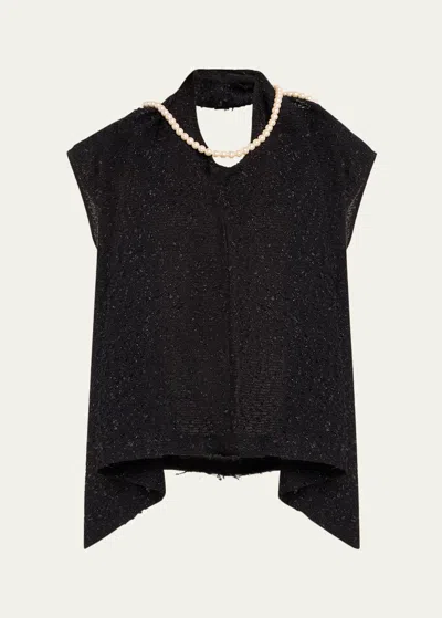 Junya Watanabe Pearly Trim Draped Tweed Top In Black