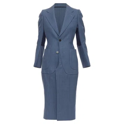Pre-owned Junya Watanabe Pinstriped Tromp Loeil Seam Coat In Blue
