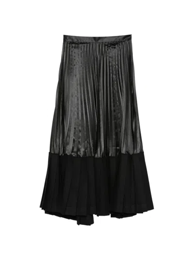 Junya Watanabe Layered Pleated Wool-blend Flannel And Satin Maxi Skirt In Black
