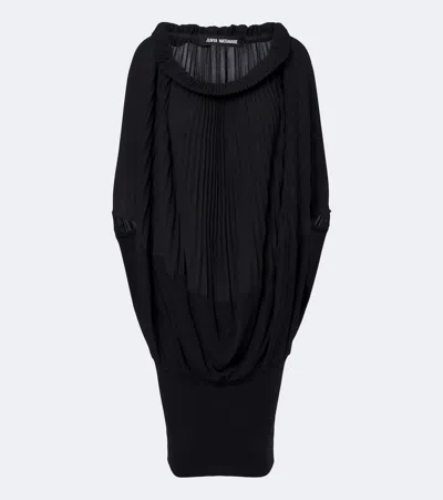 Junya Watanabe Pleated Wool-paneled Midi Dress In Black