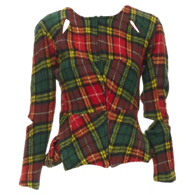 Junya Watanabe Punk Plaid Boiled Wool Cut Out Jacket In Red