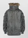 Junya Watanabe Quilted Jacket With Drawstring Hood And Fur Trim In Gray