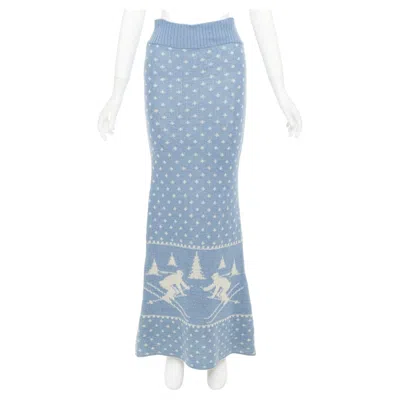 Pre-owned Junya Watanabe Rare  1994 Vintage Skiier Blue Cream Wool Intarsia Graphic Skirt In White