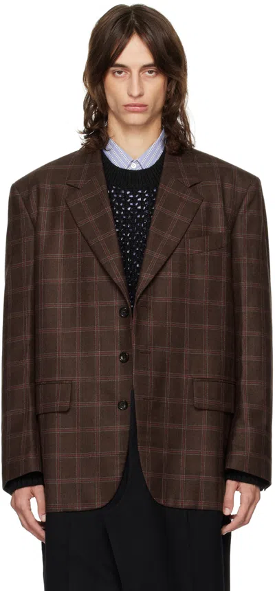 Junya Watanabe Red & Black Wool Check Coat In Black X Black