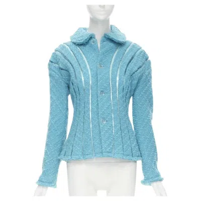 Pre-owned Junya Watanabe Runway  2001 Teal Blue Boucle Tweed Pvc Trimmed Space Age Jacket S In Green