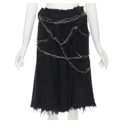 Pre-owned Junya Watanabe Runway  2003 Black Boiled Wool Frayed Punk Chain Midi Skirt S