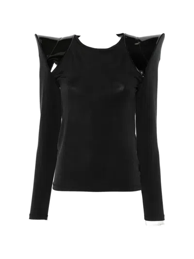Junya Watanabe Sculptural-shoulder Patent-panel T-shirt In Black