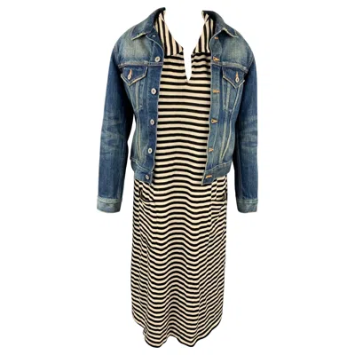 Pre-owned Junya Watanabe Size S Black & White Stripe Jersey Layered Denim Jacket Dress