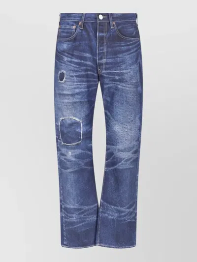 Junya Watanabe Straight Denim Jeans Distressed Contrast Stitching In Blue