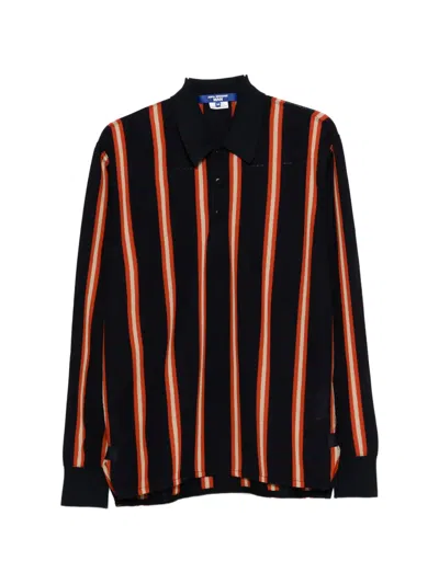 Junya Watanabe Striped Long-sleeve Polo Shirt In Black