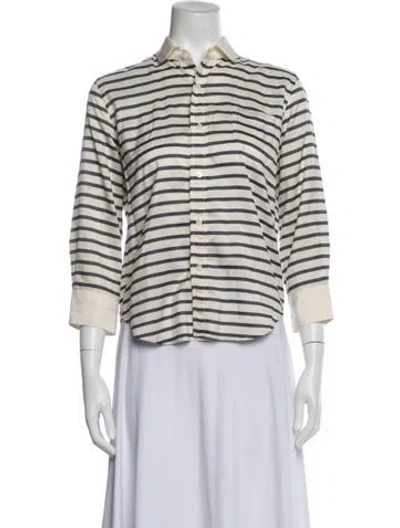 Pre-owned Junya Watanabe Striped Three-quarter Sleeve Button-up Top In White