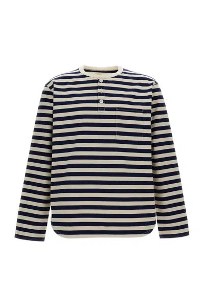 Junya Watanabe White Striped Buttons Boxy Cotton T-shirt In Multi